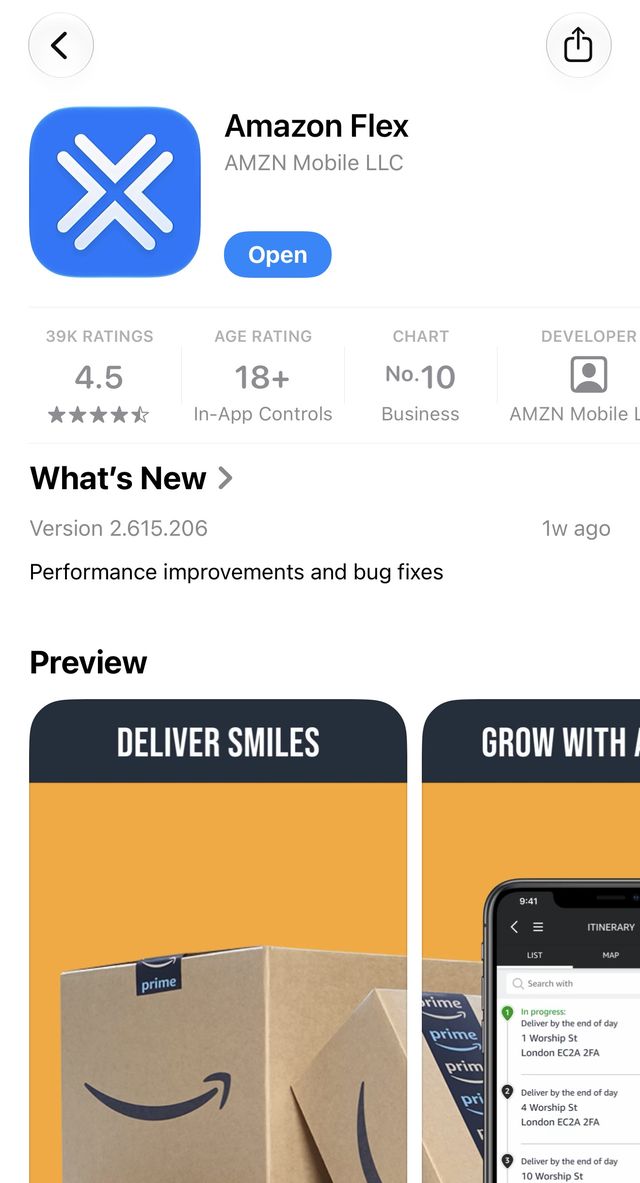 Amazon Flex app page in the App Store